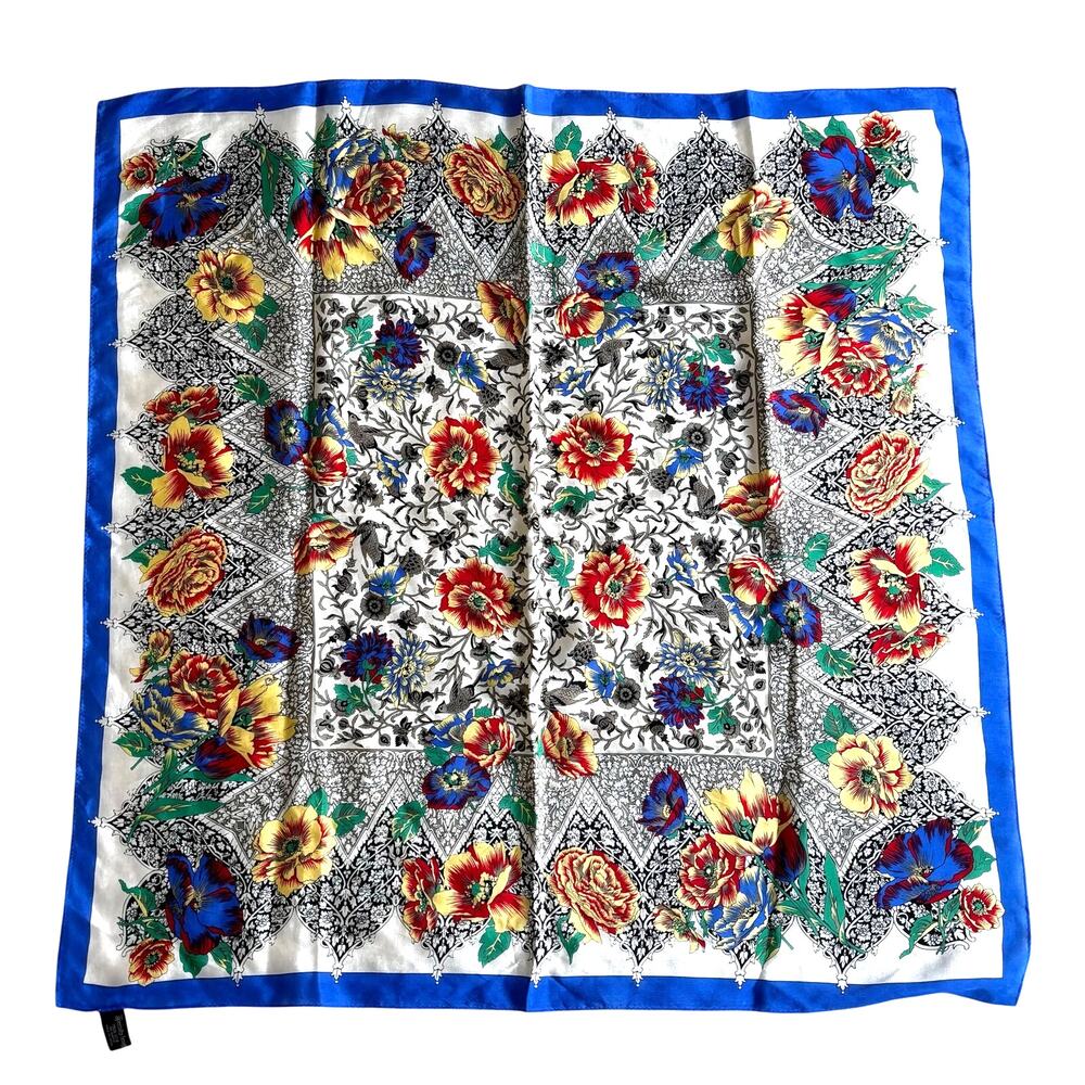 Vintage The Specialty House blue white multi floral square scarf pure silk Japan